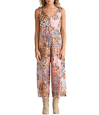 Talisman Temple Abstract Print Scoop Neck Tie Strap Wide Leg Jumpsuit
