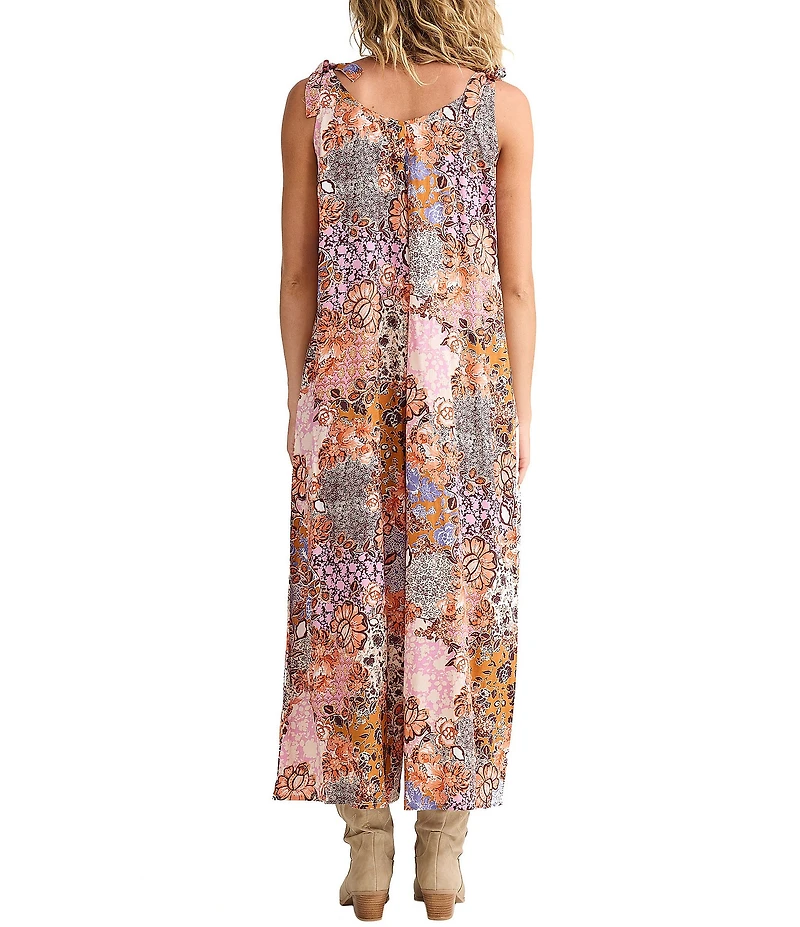 Talisman Temple Abstract Print Scoop Neck Tie Strap Wide Leg Jumpsuit