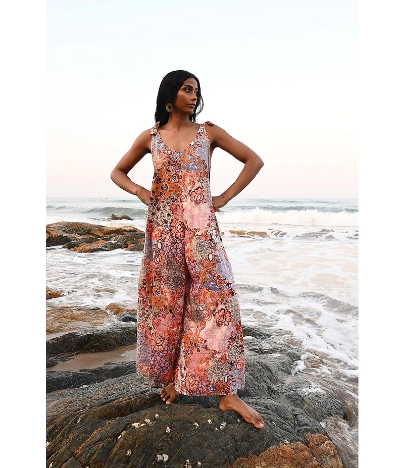 Talisman Temple Abstract Print Scoop Neck Tie Strap Wide Leg Jumpsuit