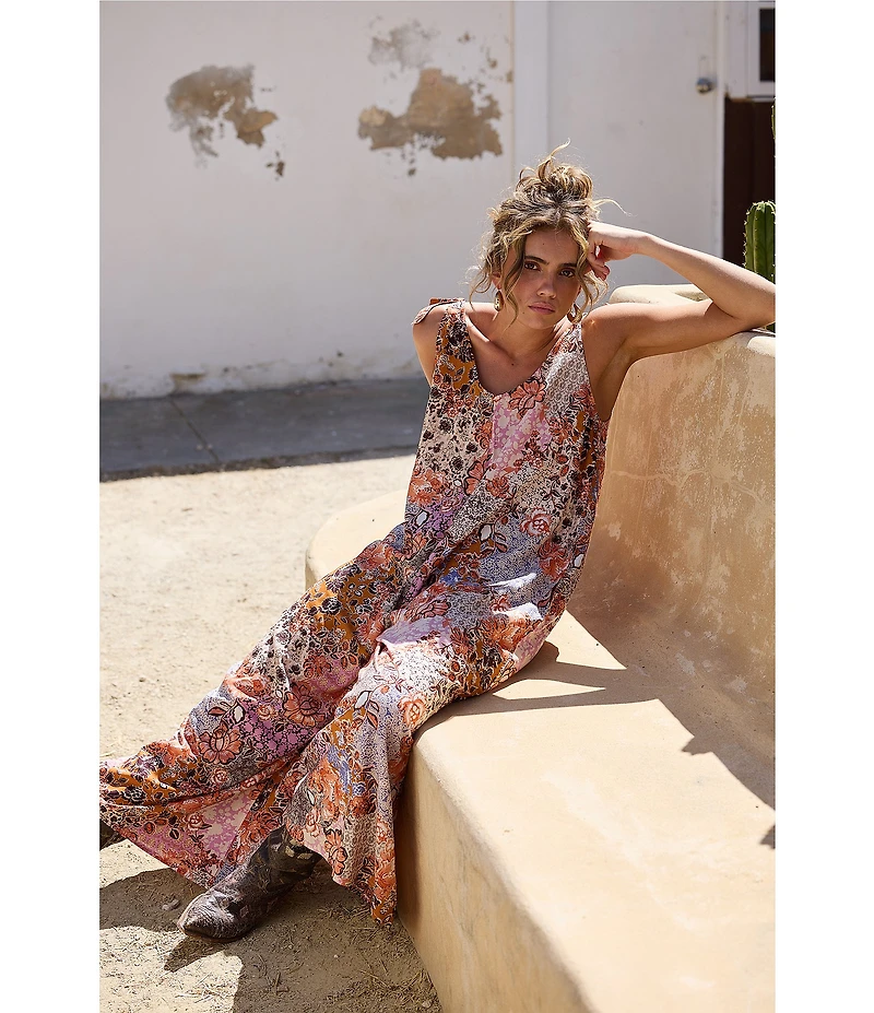 Talisman Temple Abstract Print Scoop Neck Tie Strap Wide Leg Jumpsuit