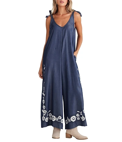 Talisman Temple Floral V-Neck Sleeveless Wide Leg Jumpsuit