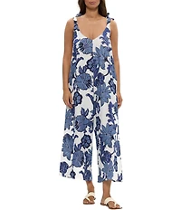 Talisman Temple Linen Blend Floral Print V-Neck Sleeveless Full Length Jumpsuit