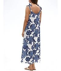 Talisman Temple Linen Blend Floral Print V-Neck Sleeveless Full Length Jumpsuit