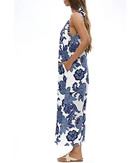 Talisman Temple Linen Blend Floral Print V-Neck Sleeveless Full Length Jumpsuit