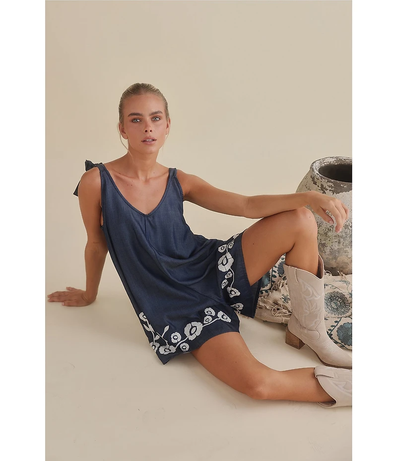 Talisman Temple V-Neck Sleeveless Floral Embroidered Mini Romper