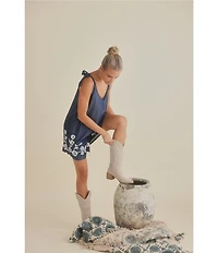 Talisman Temple V-Neck Sleeveless Floral Embroidered Mini Romper