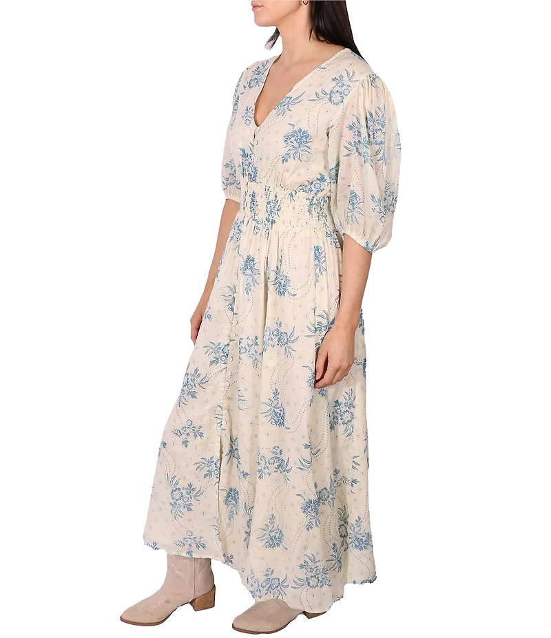 Talisman V-Neck Short Puff Sleeve Bluebell Print Halo Maxi Dress
