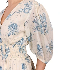 Talisman V-Neck Short Puff Sleeve Bluebell Print Halo Maxi Dress