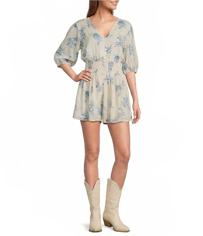 Talisman Voile V-Neck Ballon Sleeve Button Front Romper