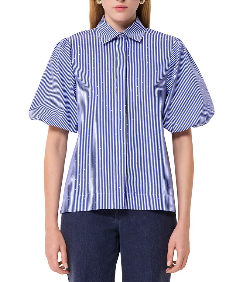 Tara Jarmon Caly Stripe Print Point Collar Short Puff Sleeve Rhinestone Top
