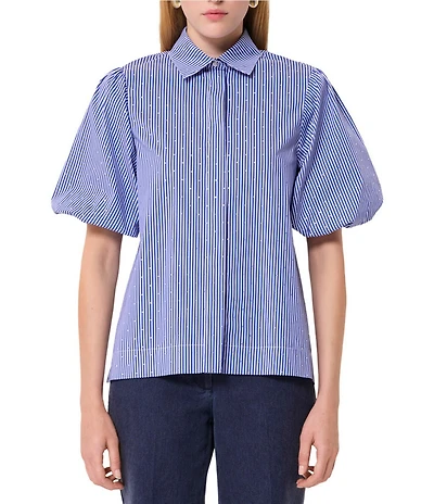 Tara Jarmon Caly Stripe Print Point Collar Short Puff Sleeve Rhinestone Top