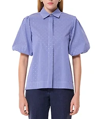 Tara Jarmon Caly Stripe Print Point Collar Short Puff Sleeve Rhinestone Top