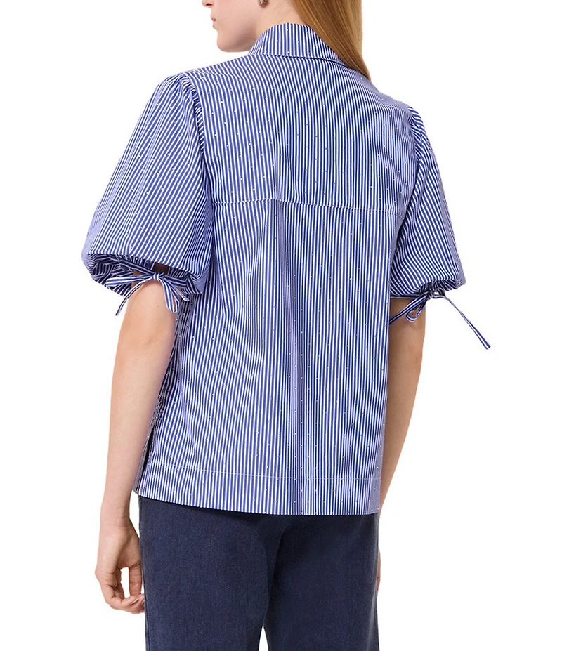 Tara Jarmon Caly Stripe Print Point Collar Short Puff Sleeve Rhinestone Top