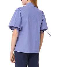 Tara Jarmon Caly Stripe Print Point Collar Short Puff Sleeve Rhinestone Top