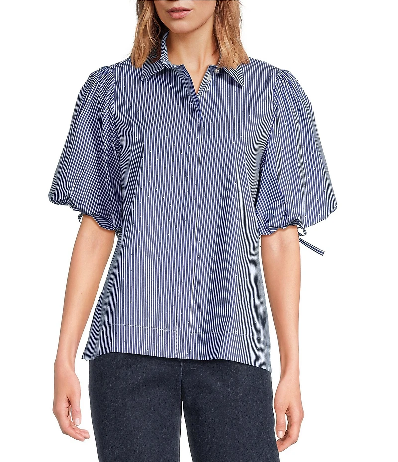 Tara Jarmon Caly Stripe Print Point Collar Short Puff Sleeve Rhinestone Top