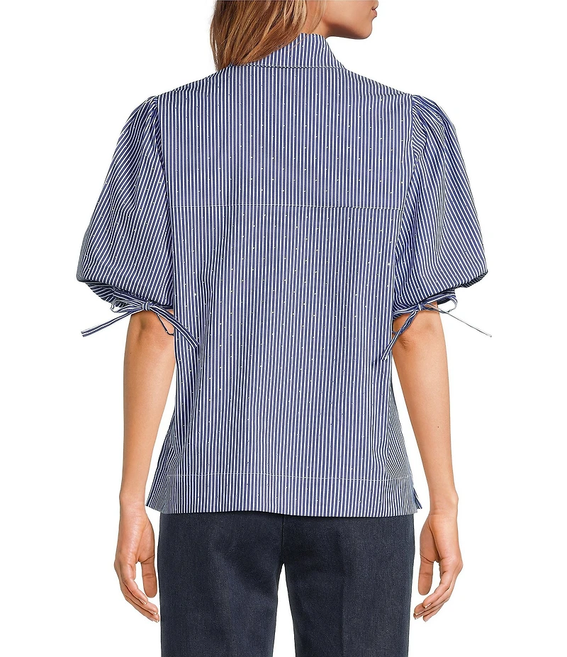 Tara Jarmon Caly Stripe Print Point Collar Short Puff Sleeve Rhinestone Top
