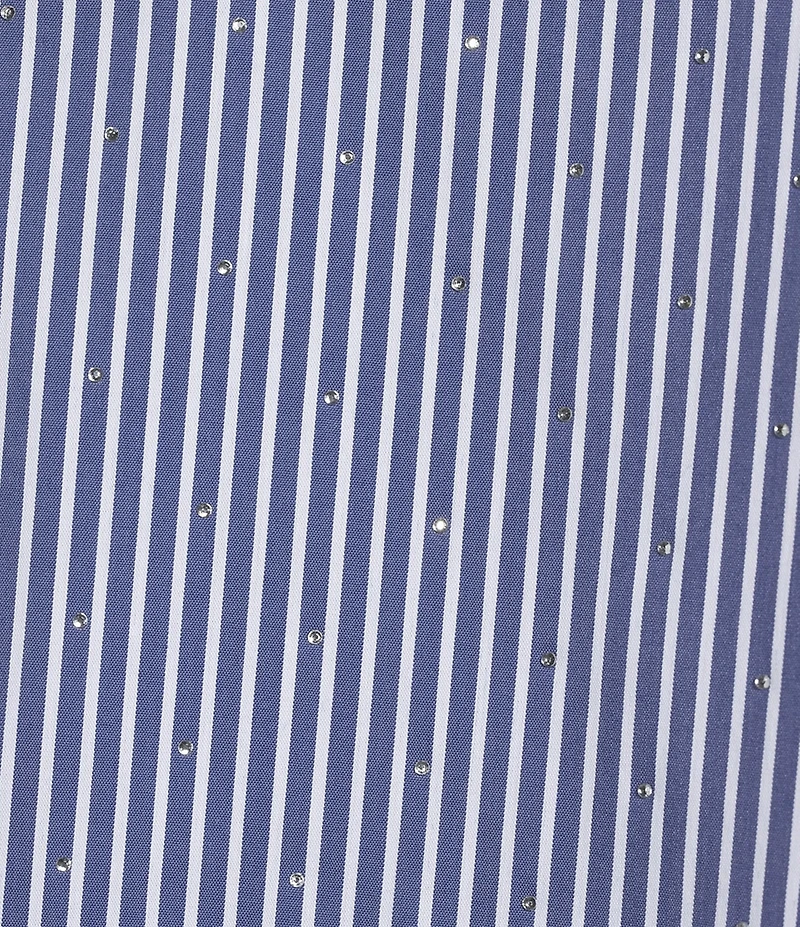 Tara Jarmon Caly Stripe Print Point Collar Short Puff Sleeve Rhinestone Top