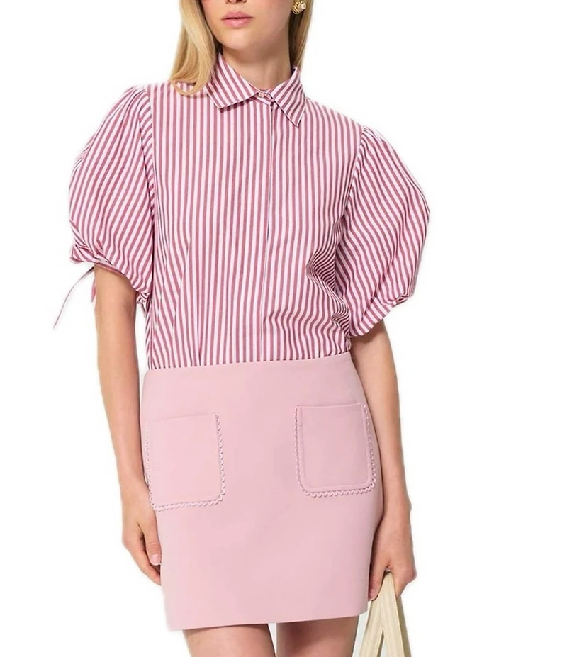 Tara Jarmon Caly Striped Point Collar Short Sleeve Button Front Blouse