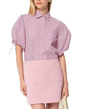 Tara Jarmon Caly Striped Point Collar Short Sleeve Button Front Blouse