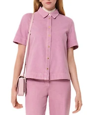 Tara Jarmon Camilia Denim Point Collar Short Sleeve Button Front Top