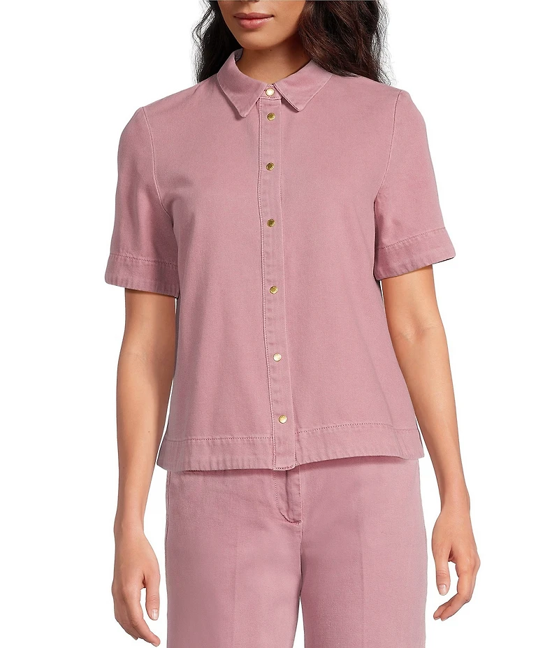 Tara Jarmon Camilia Denim Point Collar Short Sleeve Button Front Top
