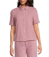 Tara Jarmon Camilia Denim Point Collar Short Sleeve Button Front Top