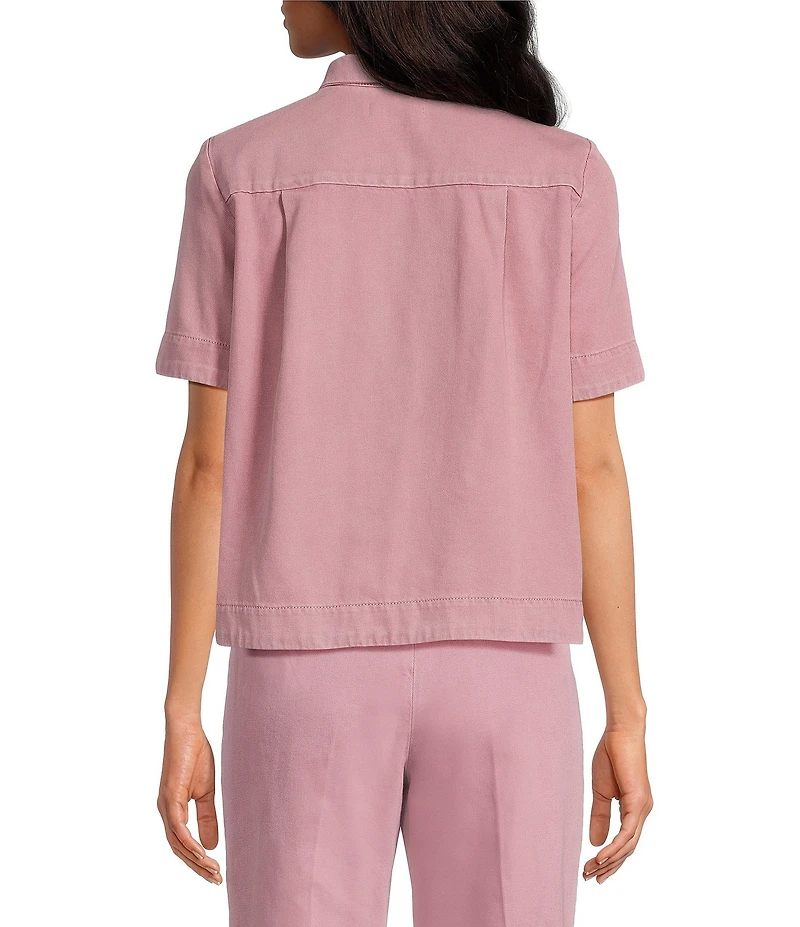 Tara Jarmon Camilia Denim Point Collar Short Sleeve Button Front Top