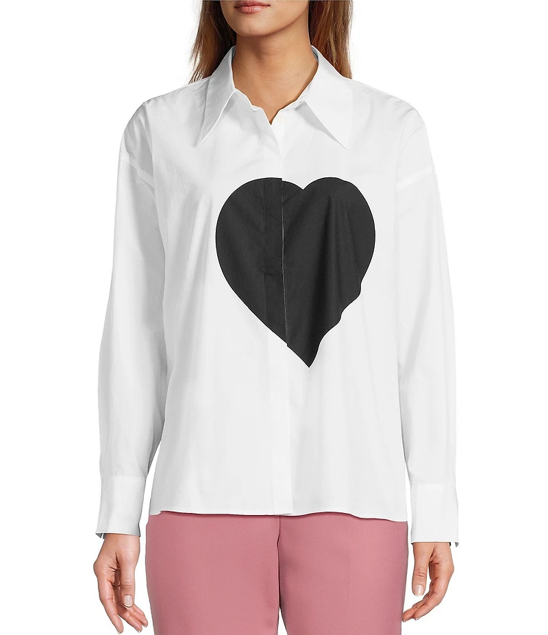 Tara Jarmon Carola Woven Point Collar Long Sleeve Heart Button Front Shirt