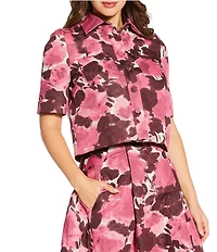 Tara Jarmon Carolane Coordinating Floral Jacquard Point Collar Short Sleeve Top