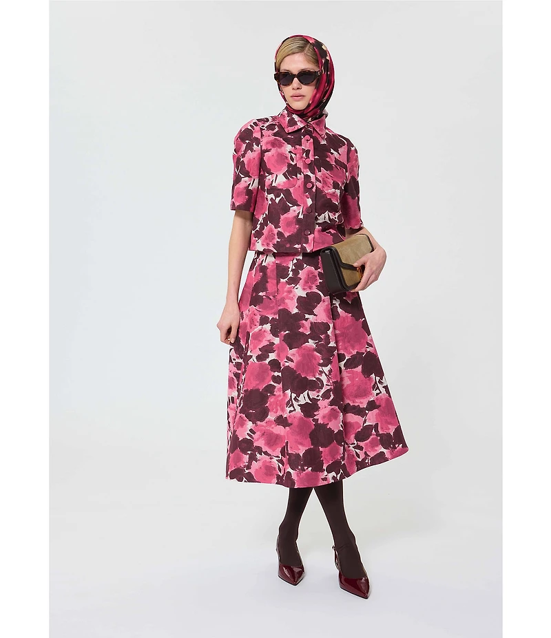 Tara Jarmon Carolane Coordinating Floral Jacquard Point Collar Short Sleeve Top
