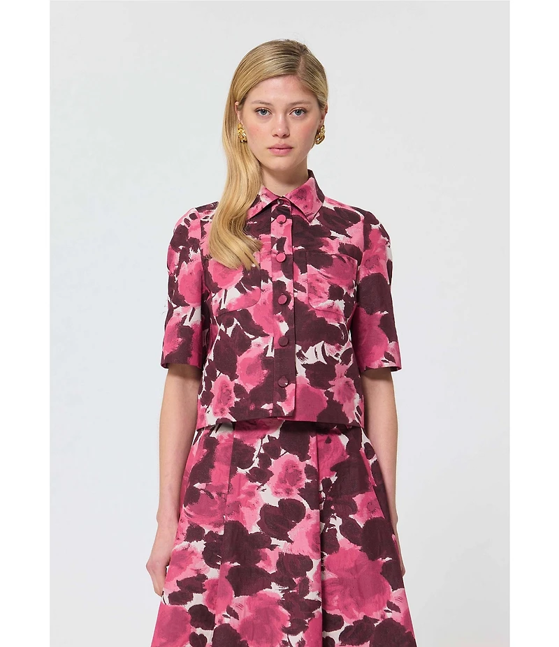 Tara Jarmon Carolane Coordinating Floral Jacquard Point Collar Short Sleeve Top