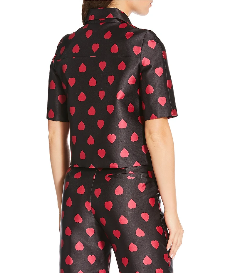 Tara Jarmon Caroline Duchess Coordinating Satin Heart Print Point Collar Short Sleeve Shirt