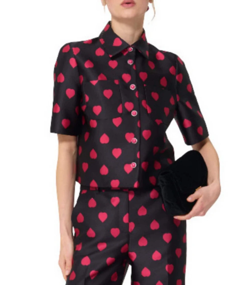 Tara Jarmon Caroline Duchess Coordinating Satin Heart Print Point Collar Short Sleeve Shirt