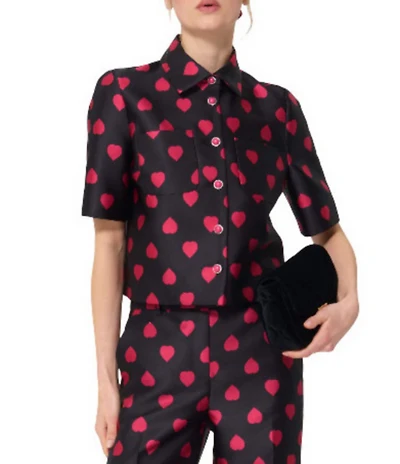 Tara Jarmon Caroline Duchess Coordinating Satin Heart Print Point Collar Short Sleeve Shirt