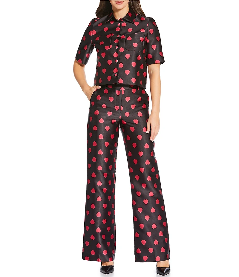 Tara Jarmon Caroline Duchess Coordinating Satin Heart Print Point Collar Short Sleeve Shirt