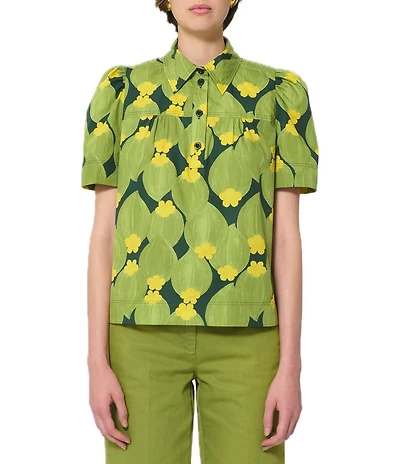 Tara Jarmon Floral Point Collar Short Puff Sleeve Blouse