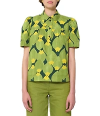 Tara Jarmon Floral Point Collar Short Puff Sleeve Blouse