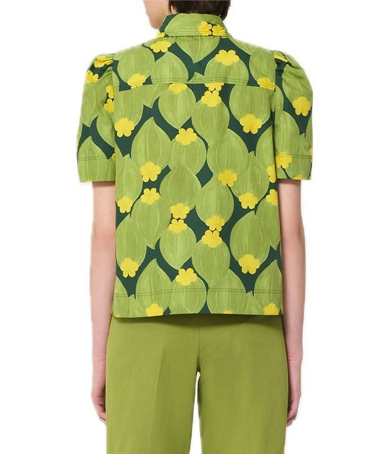 Tara Jarmon Floral Point Collar Short Puff Sleeve Blouse