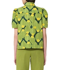 Tara Jarmon Floral Point Collar Short Puff Sleeve Blouse