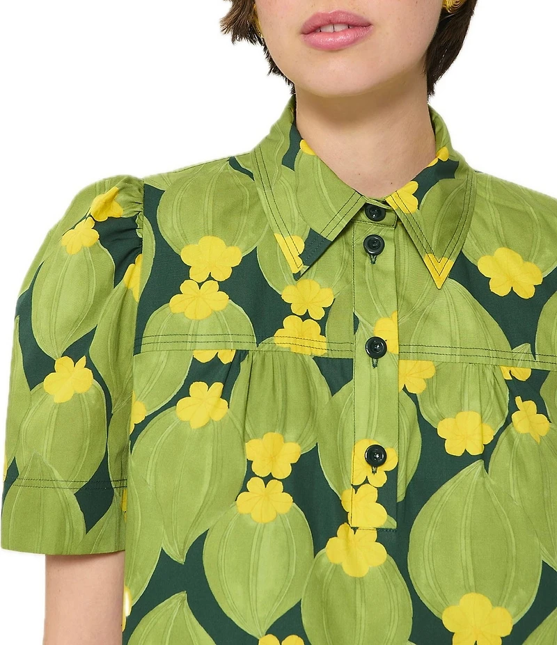 Tara Jarmon Floral Point Collar Short Puff Sleeve Blouse