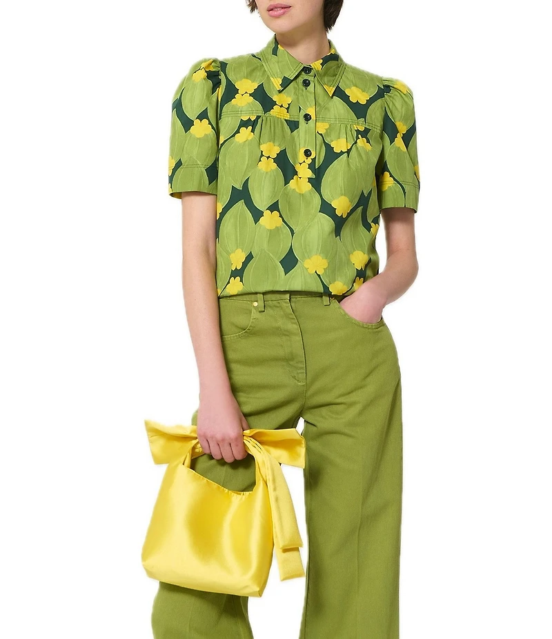 Tara Jarmon Floral Point Collar Short Puff Sleeve Blouse