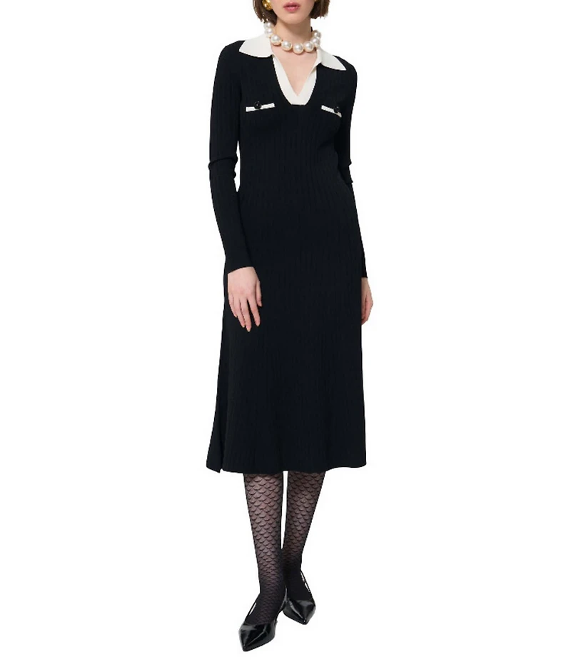 Tara Jarmon Remi Knit Point Collar Long Sleeve Midi Dress