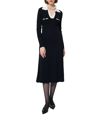 Tara Jarmon Remi Knit Point Collar Long Sleeve Midi Dress