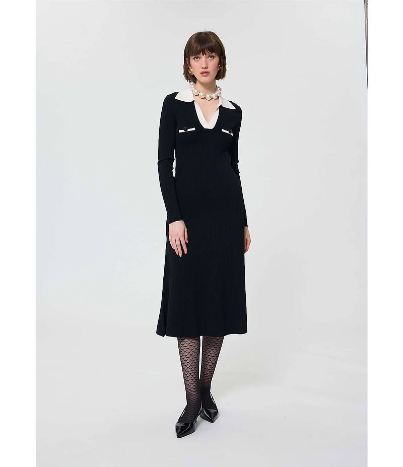 Tara Jarmon Remi Knit Point Collar Long Sleeve Midi Dress