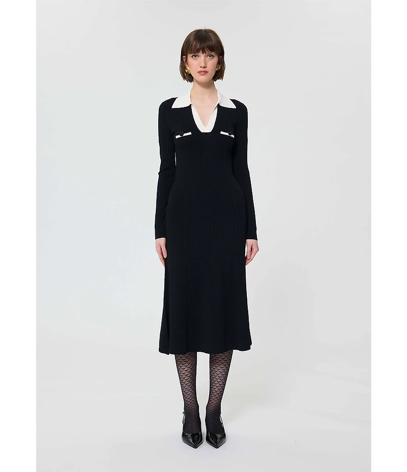 Tara Jarmon Remi Knit Point Collar Long Sleeve Midi Dress