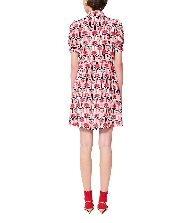 Tara Jarmon Ricci Floral Print Chiffon Point Collar Short Sleeve A-Line Dress