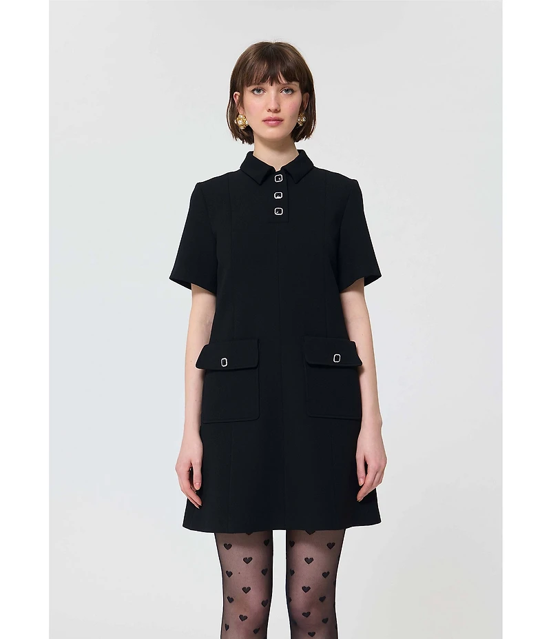 Tara Jarmon Roanne Woven Point Collar Short Sleeve A-Line Mini Dress