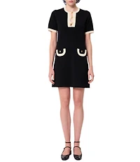 Tara Jarmon Roller Knit Round Button Front Neck Short Sleeve Dress