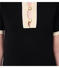 Tara Jarmon Roller Knit Round Button Front Neck Short Sleeve Dress
