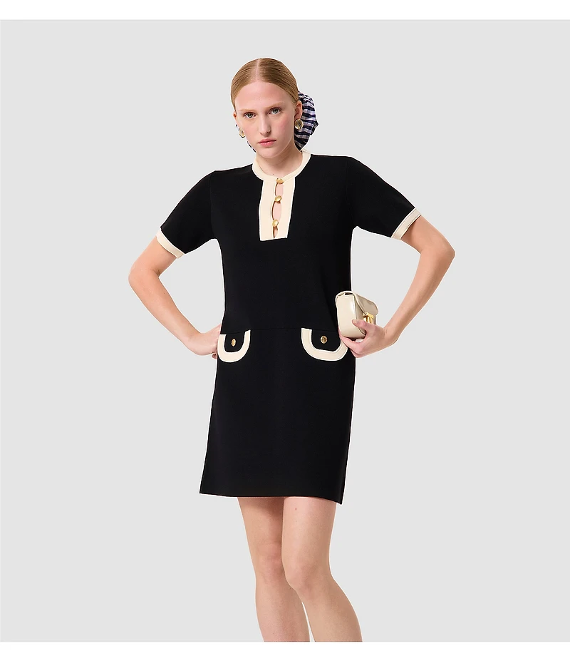 Tara Jarmon Roller Knit Round Button Front Neck Short Sleeve Dress